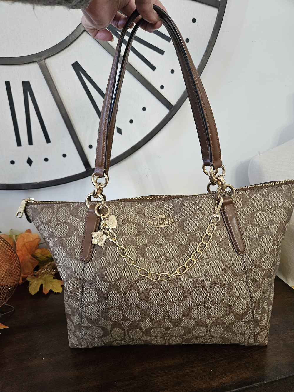 Coach Signature Canvas Brown Tote with Gold Chain